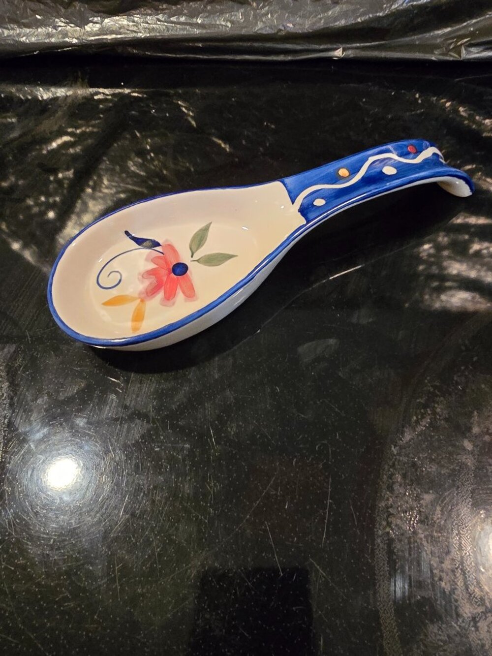 Hand painted Spoon Rest Floral Dots Ceramic Blue Beige Red Yellow Green 9.5"